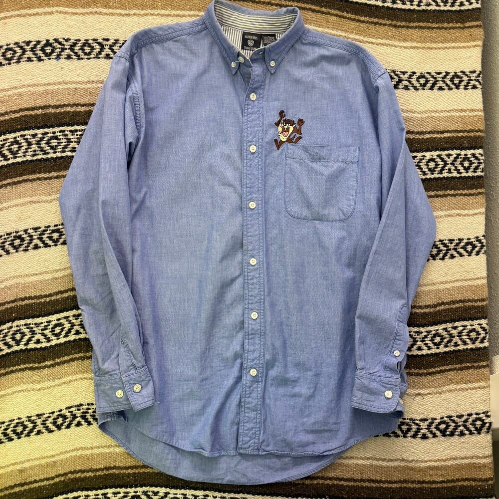 Vintage 90's Taz Tazmanian Devil Looney Tunes Blue Button Up Long Sleeve Shirt M